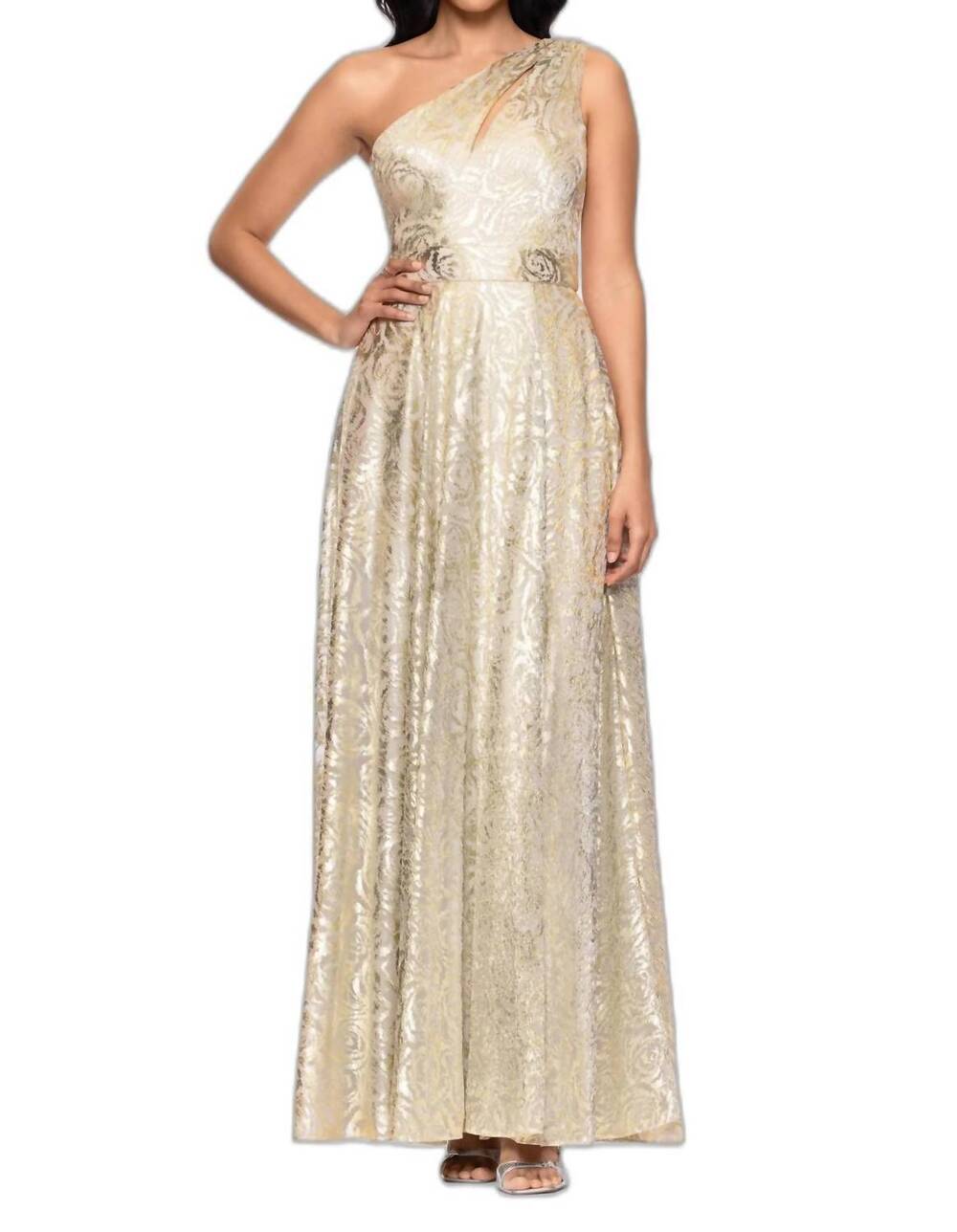 NEW BETSY & ADAM one-shoulder wrap foil floral gown in champagne gold
